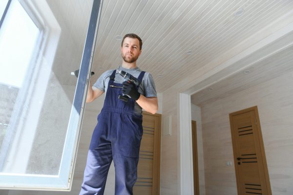 Construction worker installing new window in house.